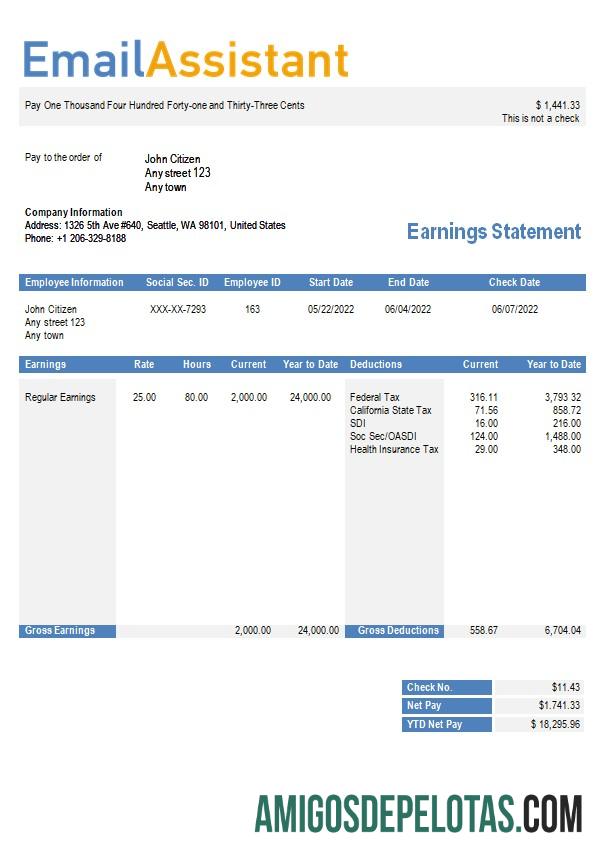 Declaração de ganhos da empresa de serviços de e-mail em formatos Word e PDF exemplo real